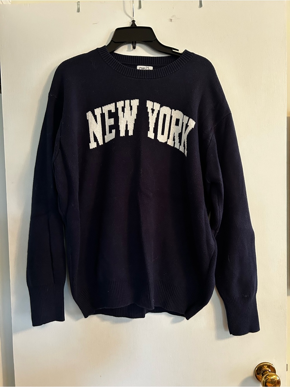 Navy Crewneck Sweater with White "New York" Graphic